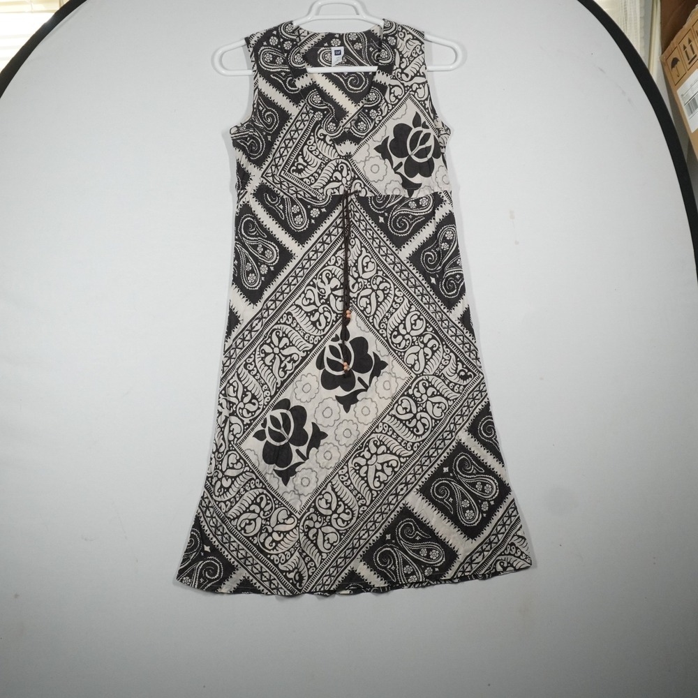 Y2k Gap Sleeveless Dress Womens M Black White Paisley Floral Boho Summer Resort